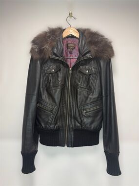 Danier Leather Bomber Jacket with Removable Fur Collar Genuine Italian Leather